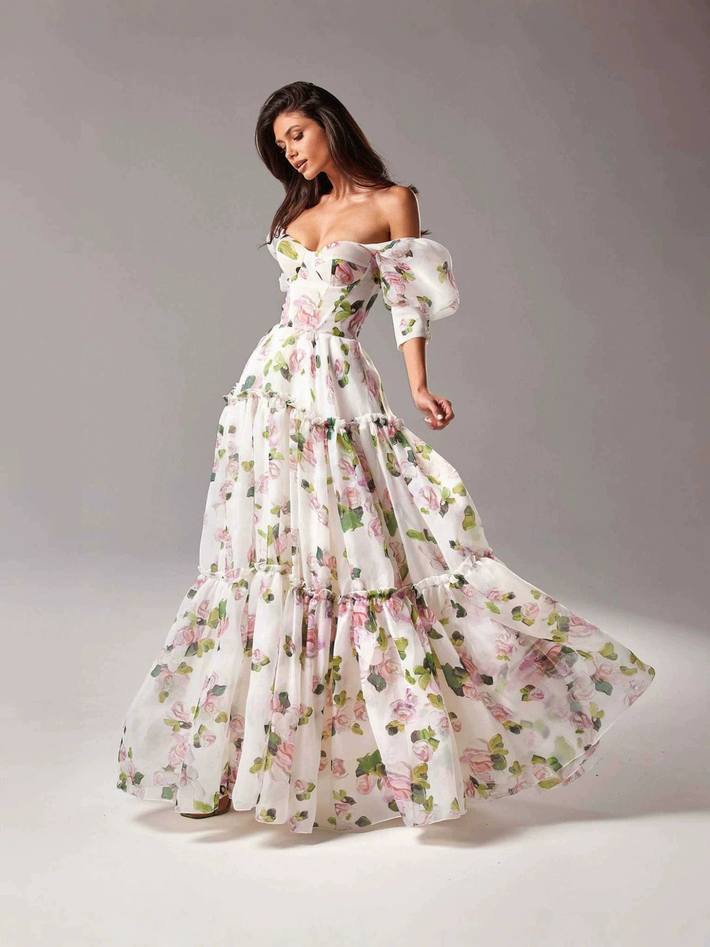 Zara Printed Off Shoulder Puff Sleeve Ruffle Cinched Waist Fitted Swing Dress